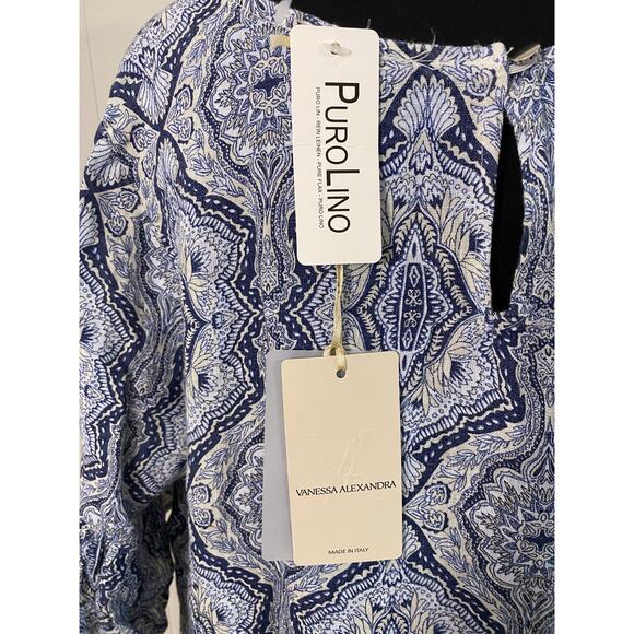 Vanessa Alexandra Linen Dress Blue White Ruffle Hem Fall Layering Large Italy - Picture 3 of 8